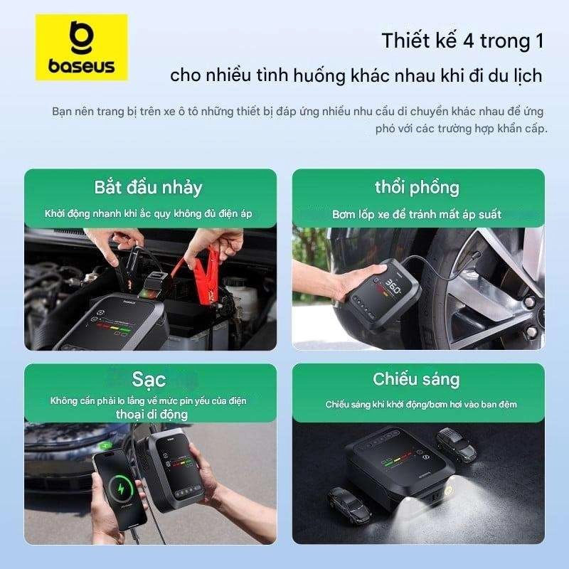 Bộ kích ắc quy ô tô khẩn cấp kiêm bơm hơi, pin sạc dự phòng và đèn pin Baseus  4 in 1 Car Jump Starter 1200A
