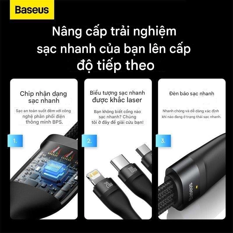 Cáp sạc nhanh đa năng 3 in 1 Baseus Flash Series Ⅱ One-for-three Fast Charging Cable Type-C to M L C 100W 1.5M