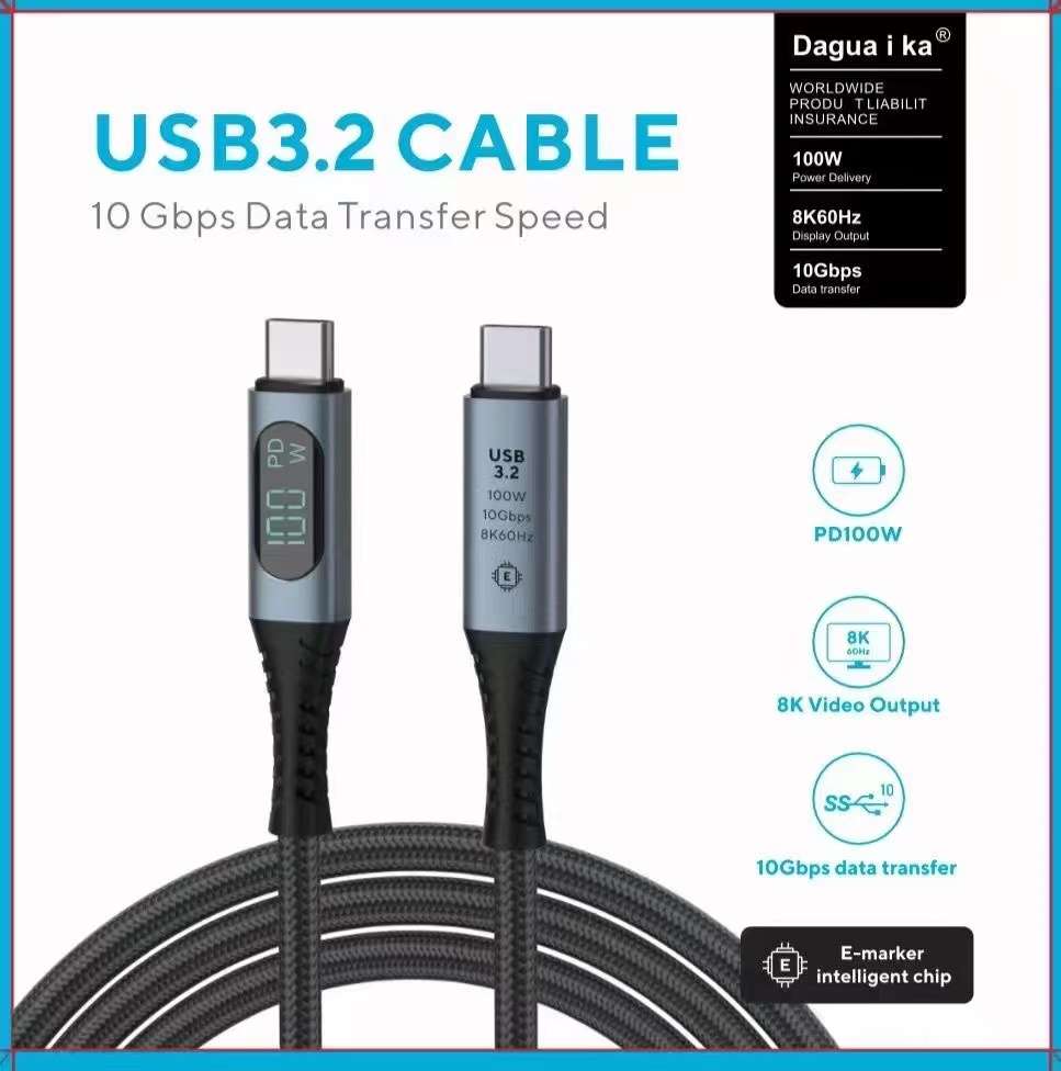 Cáp USB 3.2 Gen 2 Type C, có màn hình hiển thị, tốc độ 10Gbps, video 8k, sạc nhanh PD 100W, dài 1 mét
