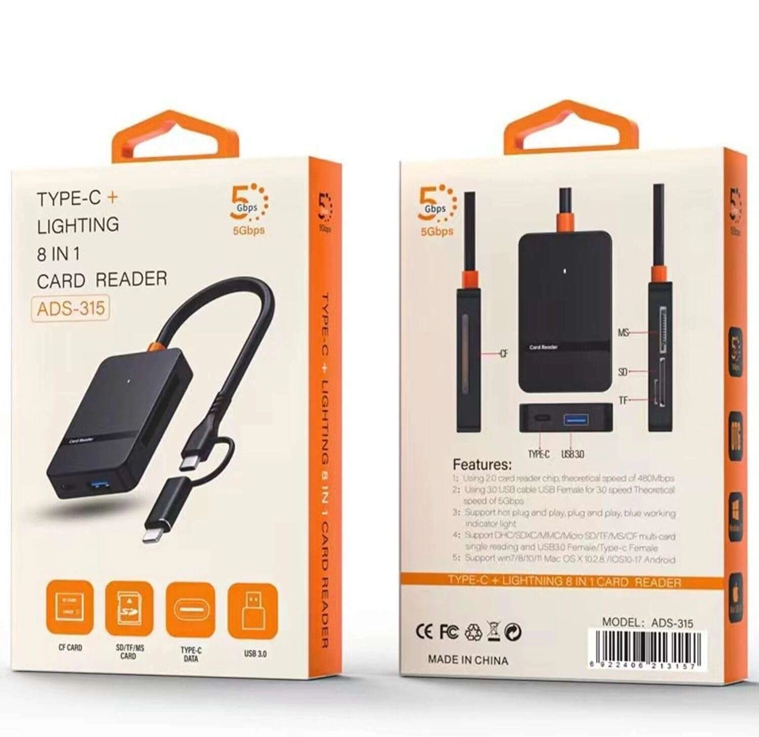 Đầu đọc thẻ cho iPhone, iPad, MacBook, Type-C Lightning 8 in 1 Card Reader (ADS-315)