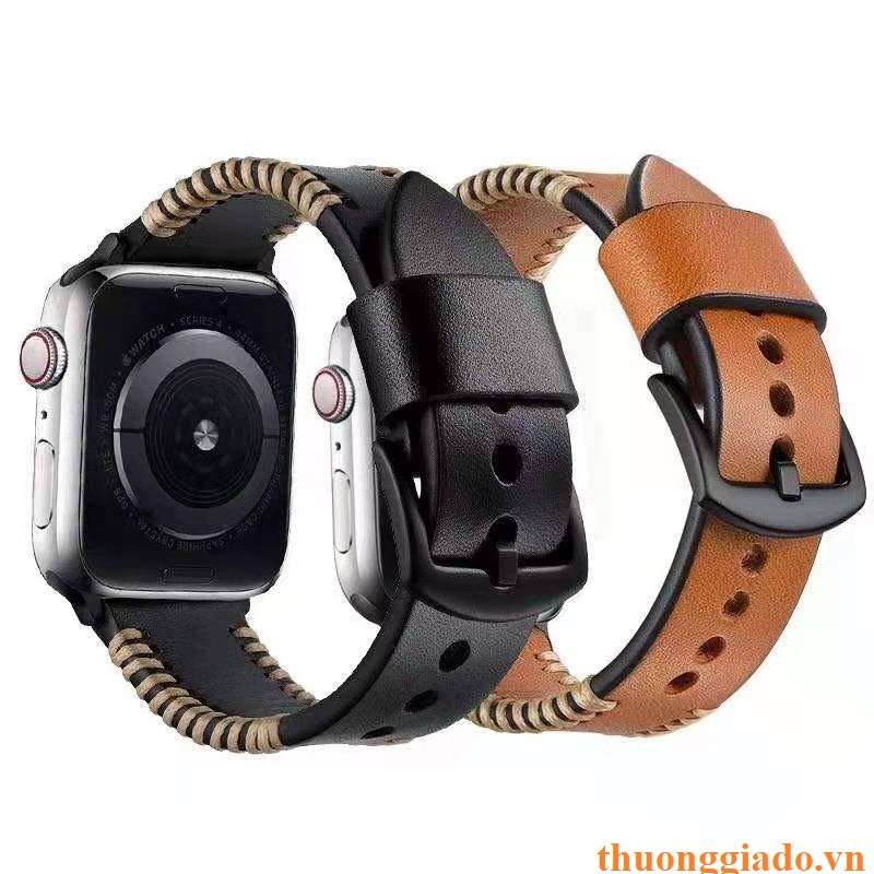 Dây đồng hồ Apple Watch 38mm/ 40mm/ 41mm/ 42mm/ 44mm/ 45mm (chất liệu da bò, chỉ viền vàng) series 1 đến series 7