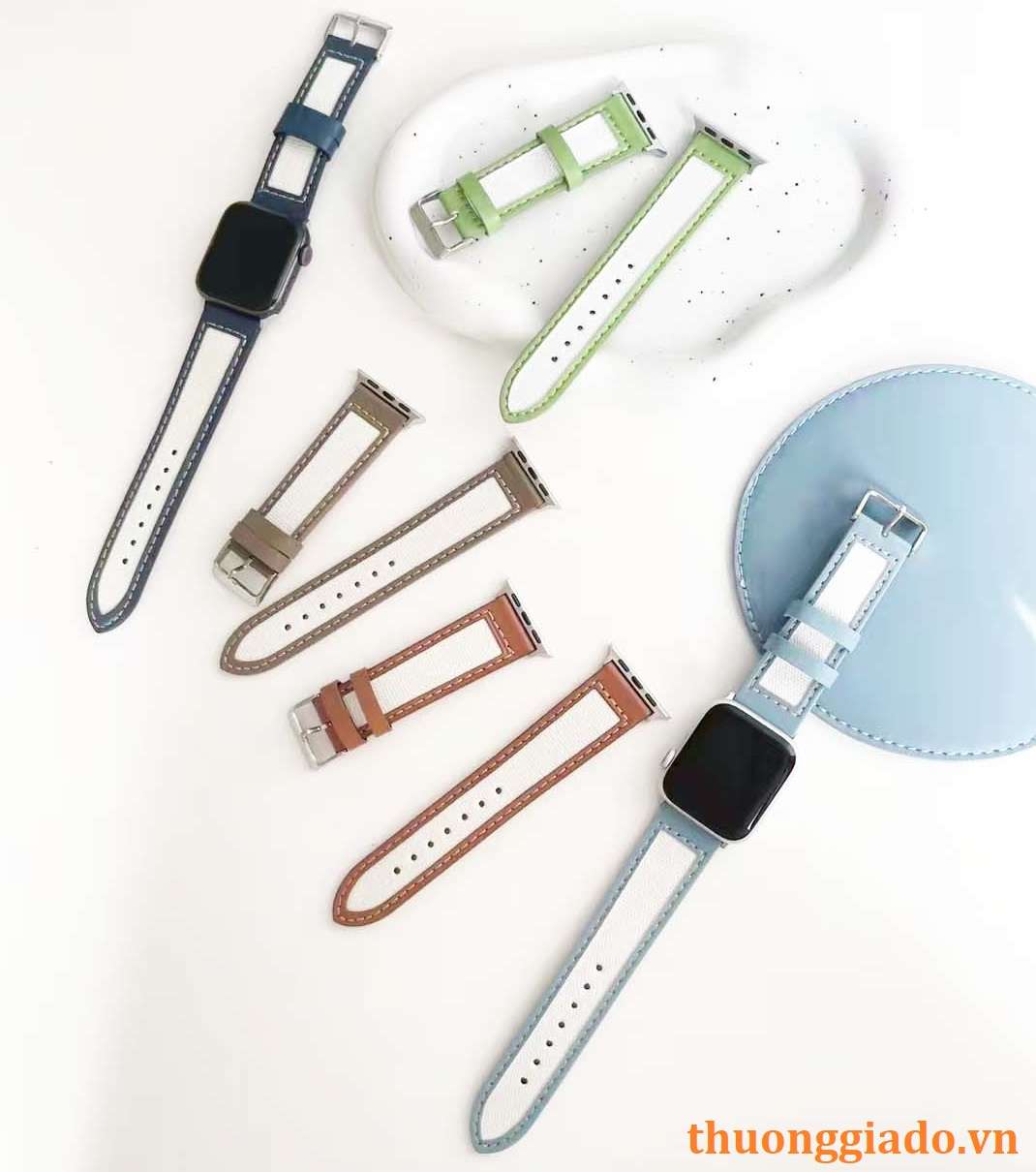 Dây đồng hồ Apple Watch 38mm/ 40mm/ 41mm/ 42mm/ 44mm/ 45mm (chất liệu da bò, họa tiết kẻ sọc) series 1 đến series 7