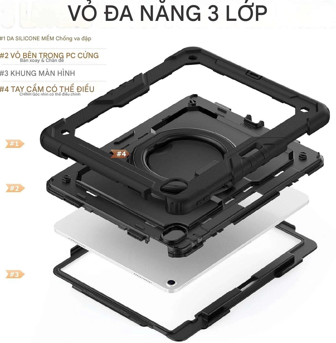 Ốp lưng chống sốc iPad Air 13 M2 2024 (3 lớp bảo vệ siêu bền, tay cầm xoay 360 độ