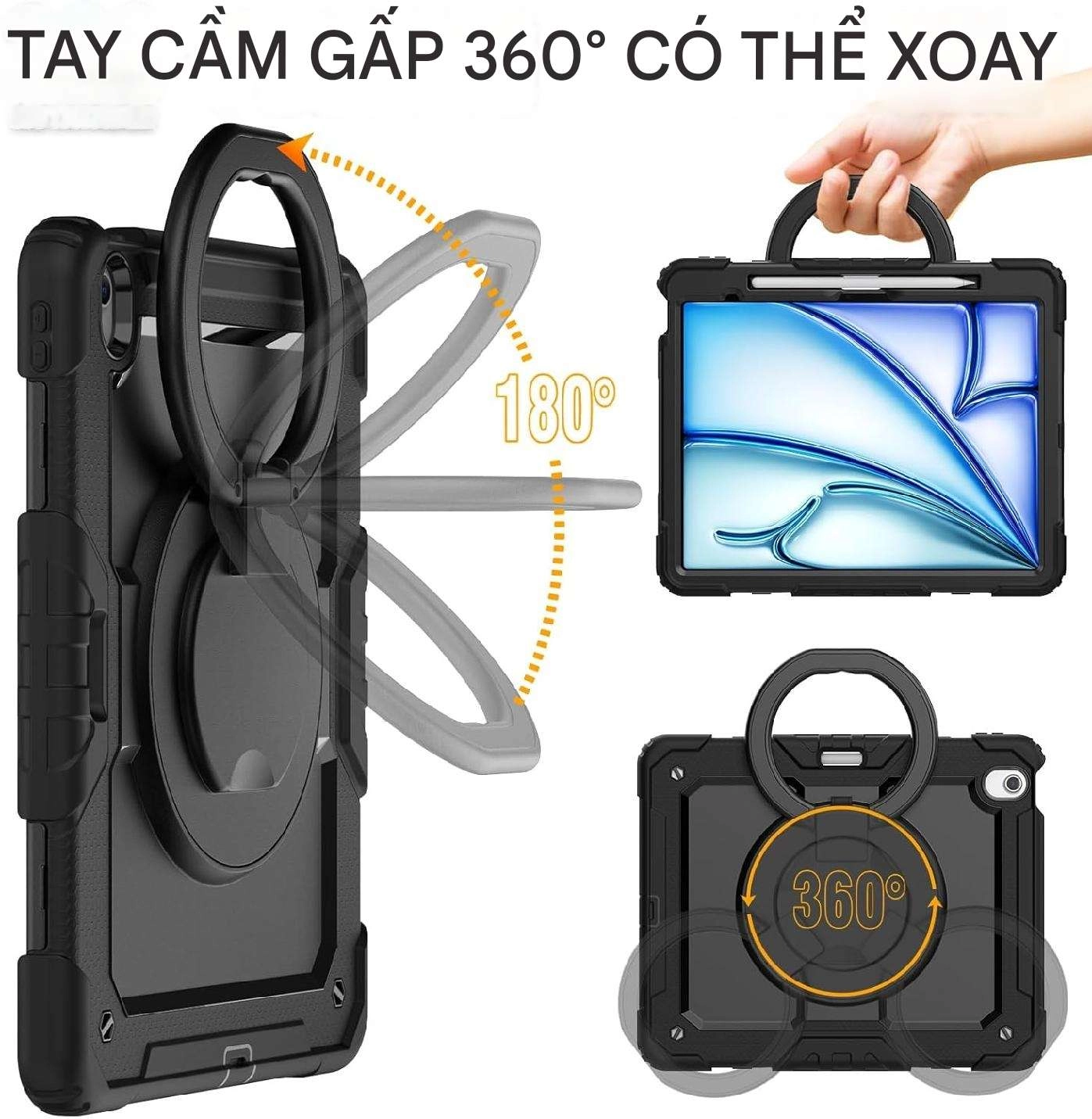 Ốp lưng chống sốc iPad Air 13 M2 2024 (3 lớp bảo vệ siêu bền, tay cầm xoay 360 độ