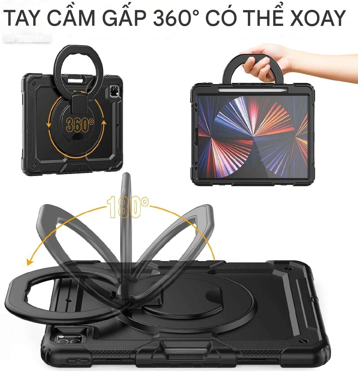 Ốp lưng chống sốc iPad Pro 12.9 2018/ 2020/ 2021/ 2022 (3 lớp bảo vệ siêu bền, tay cầm xoay 360 độ