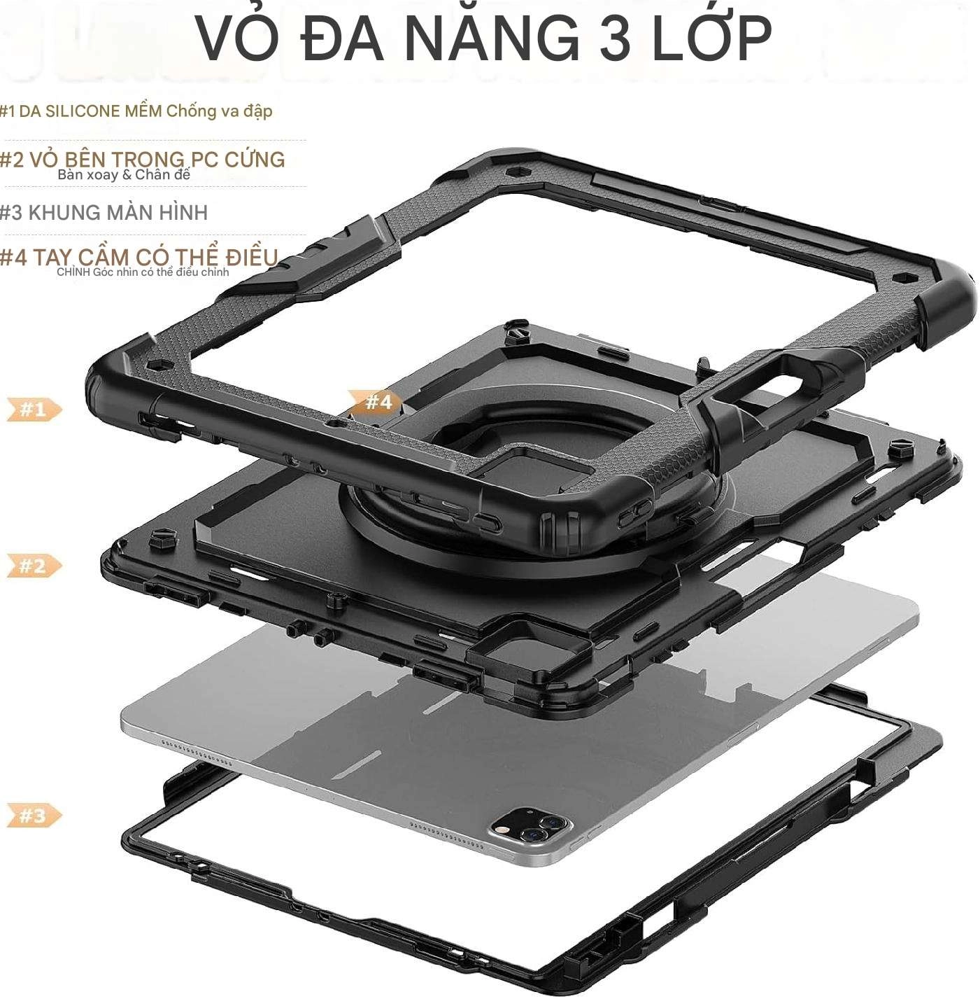 Ốp lưng chống sốc iPad Pro 12.9 2018/ 2020/ 2021/ 2022 (3 lớp bảo vệ siêu bền, tay cầm xoay 360 độ
