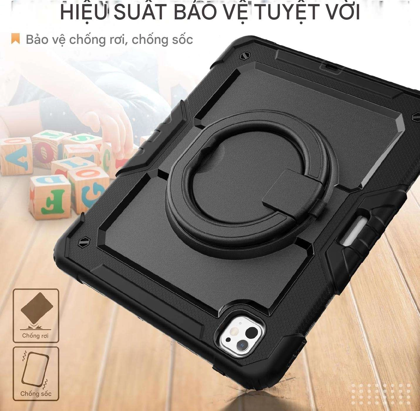 Ốp lưng chống sốc iPad Pro 13 inch M4 2024 (3 lớp bảo vệ siêu bền, tay cầm xoay 360 độ)