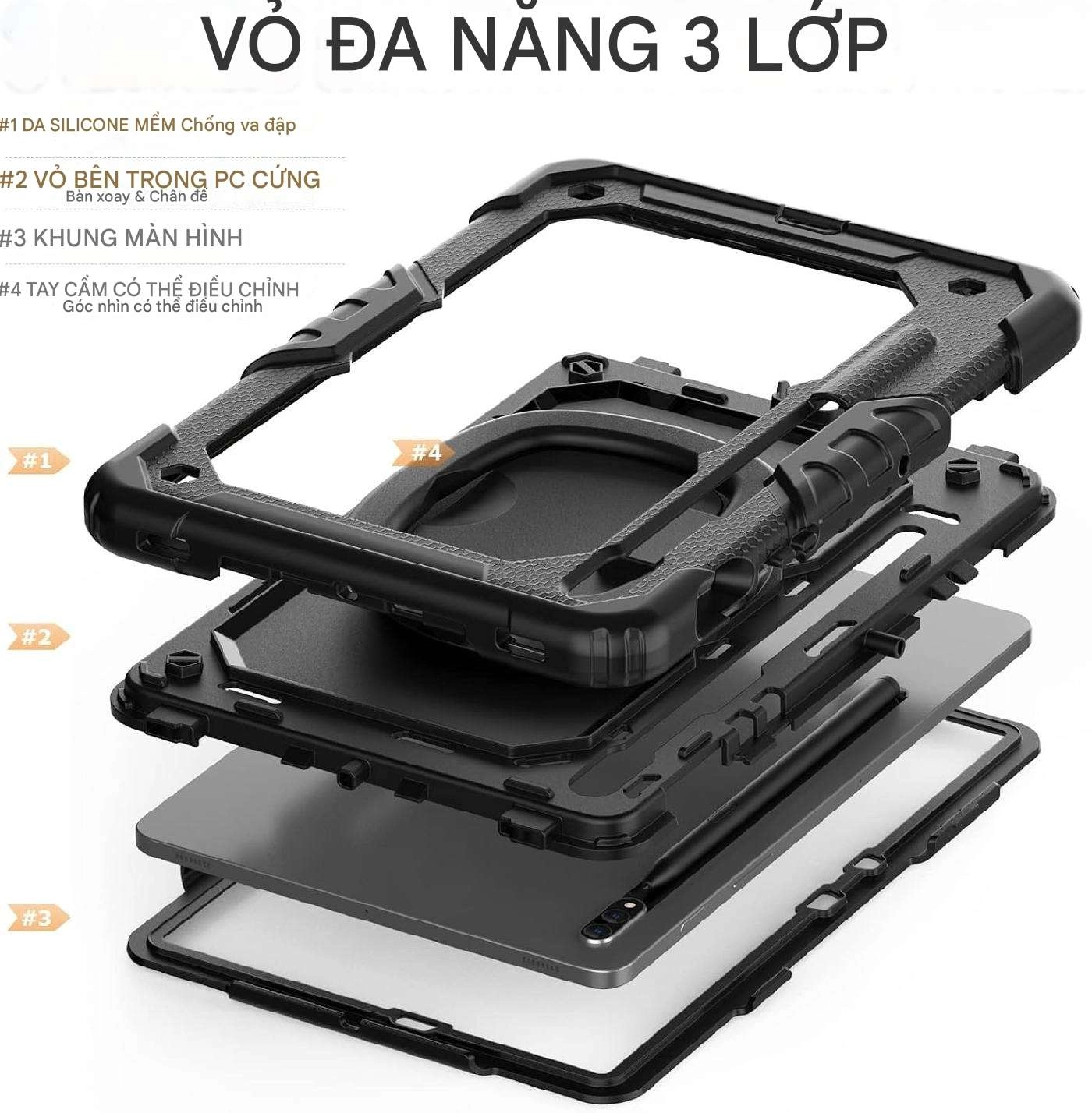 Ốp lưng chống sốc Samsung Tab S7/ Tab S8 11 inch (3 lớp bảo vệ siêu bền, tay cầm xoay 360 độ)