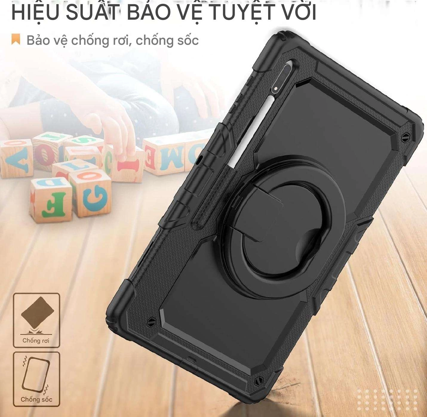 Ốp lưng chống sốc Samsung Tab S8 Ultra/ Tab S9 Ultra/ Tab S10 Ultra (3 lớp bảo vệ siêu bền, tay cầm xoay 360 độ