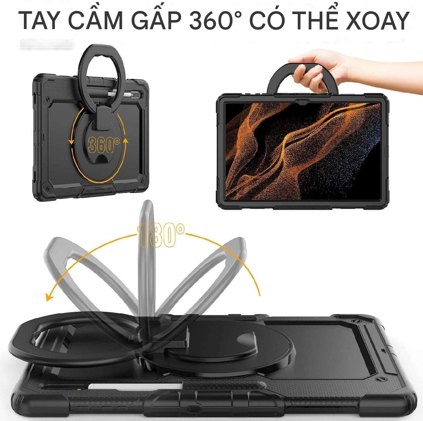 Ốp lưng chống sốc Samsung Tab S8 Ultra/ Tab S9 Ultra/ Tab S10 Ultra (3 lớp bảo vệ siêu bền, tay cầm xoay 360 độ