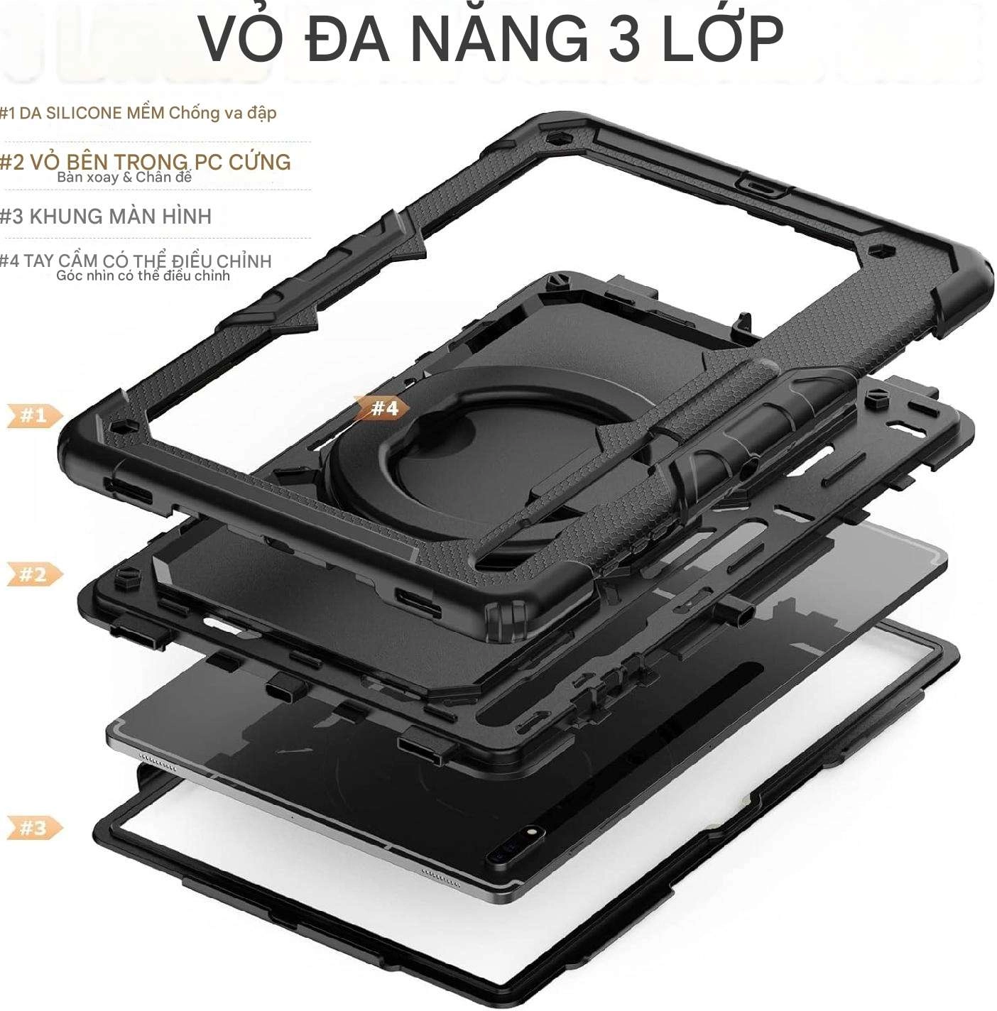 Ốp lưng chống sốc Samsung Tab S8 Ultra/ Tab S9 Ultra/ Tab S10 Ultra (3 lớp bảo vệ siêu bền, tay cầm xoay 360 độ