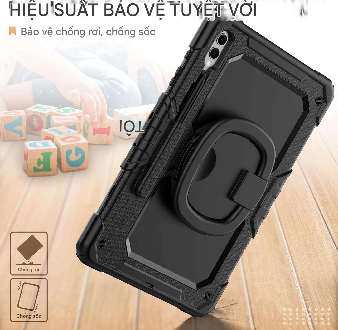 Ốp lưng chống sốc Samsung Tab S9 Plus/ Tab S10 Plus/ Tab S9 FE Plus/ Tab S9 FE  (3 lớp bảo vệ siêu bền, tay cầm xoay 360 độ)