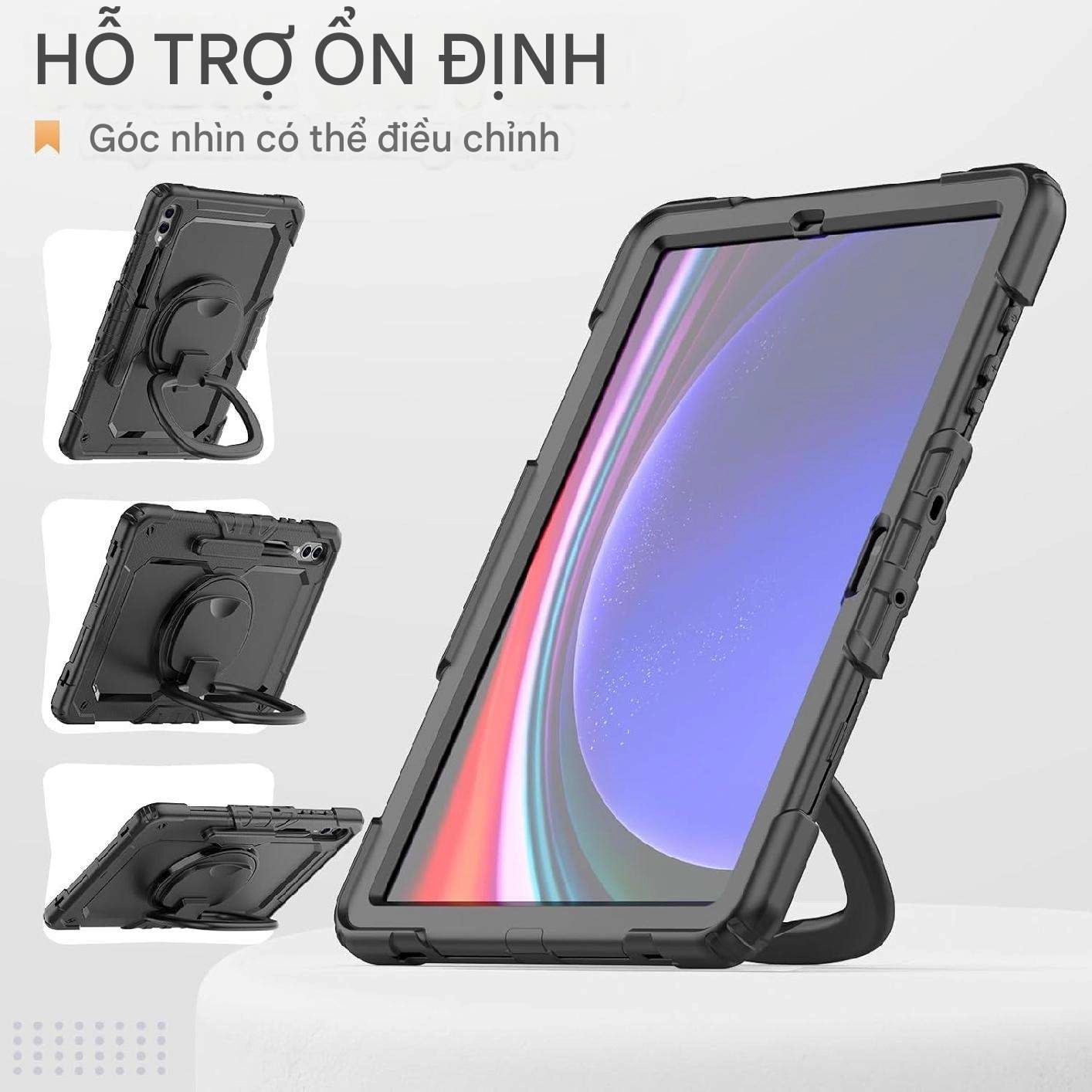 Ốp lưng chống sốc Samsung Tab S9 Plus/ Tab S10 Plus/ Tab S9 FE Plus/ Tab S9 FE  (3 lớp bảo vệ siêu bền, tay cầm xoay 360 độ)