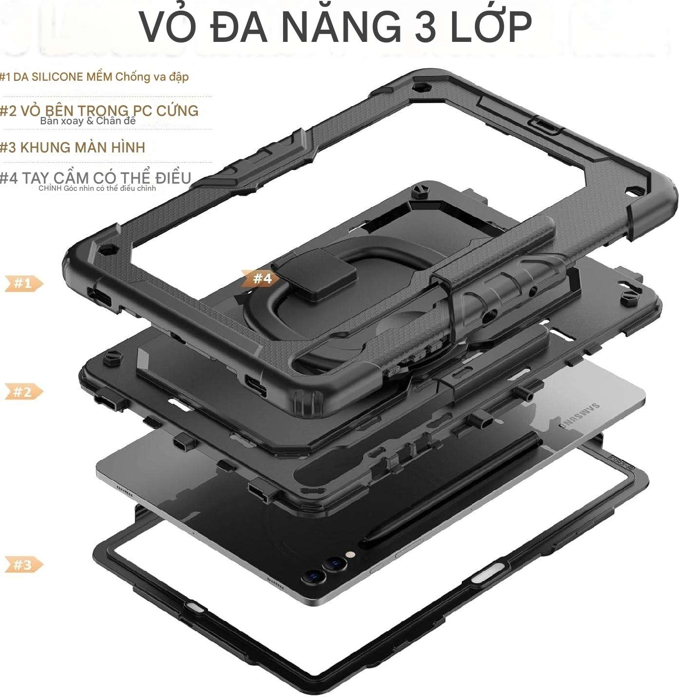 Ốp lưng chống sốc Samsung Tab S9 Plus/ Tab S10 Plus/ Tab S9 FE Plus/ Tab S9 FE  (3 lớp bảo vệ siêu bền, tay cầm xoay 360 độ)