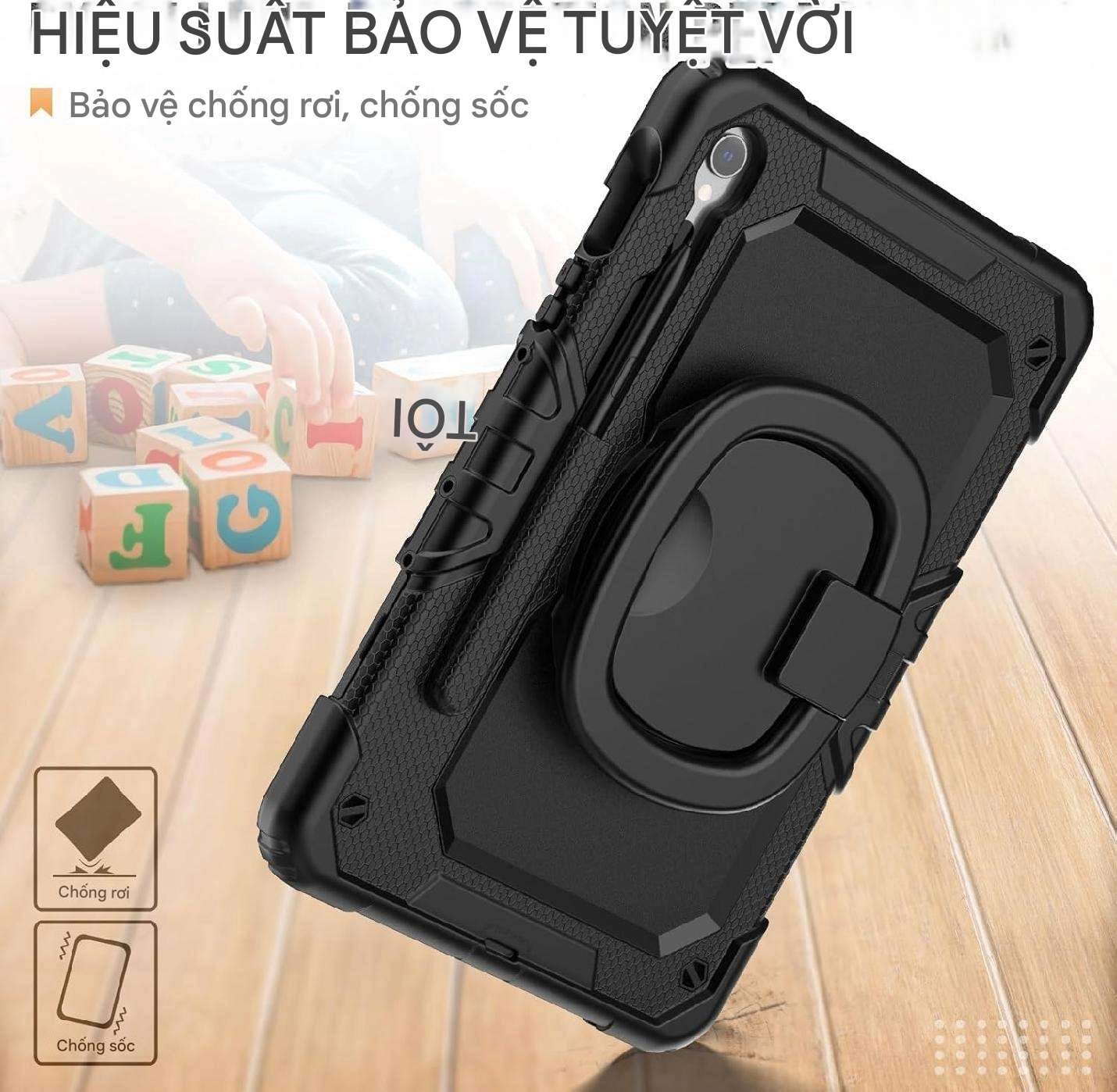 Ốp lưng chống sốc Samsung Tab S9/ Tab S9 FE (3 lớp bảo vệ siêu bền, tay cầm xoay 360 độ