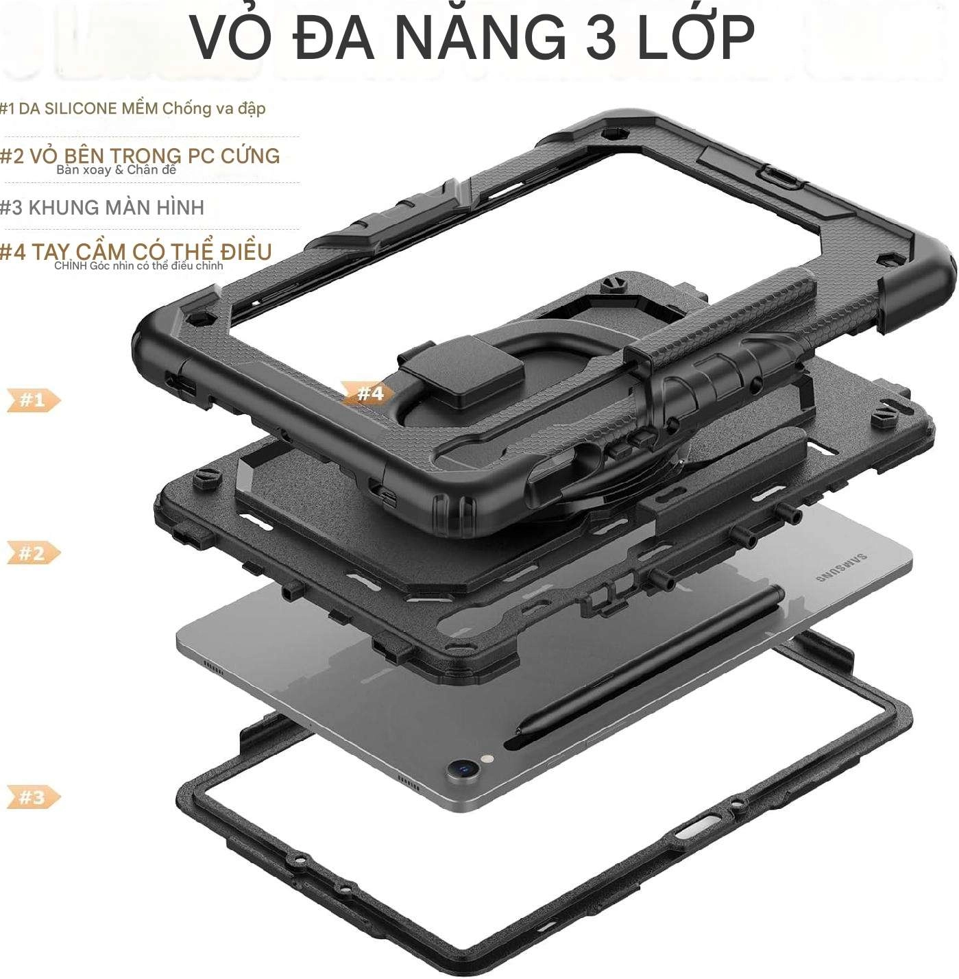 Ốp lưng chống sốc Samsung Tab S9/ Tab S9 FE (3 lớp bảo vệ siêu bền, tay cầm xoay 360 độ
