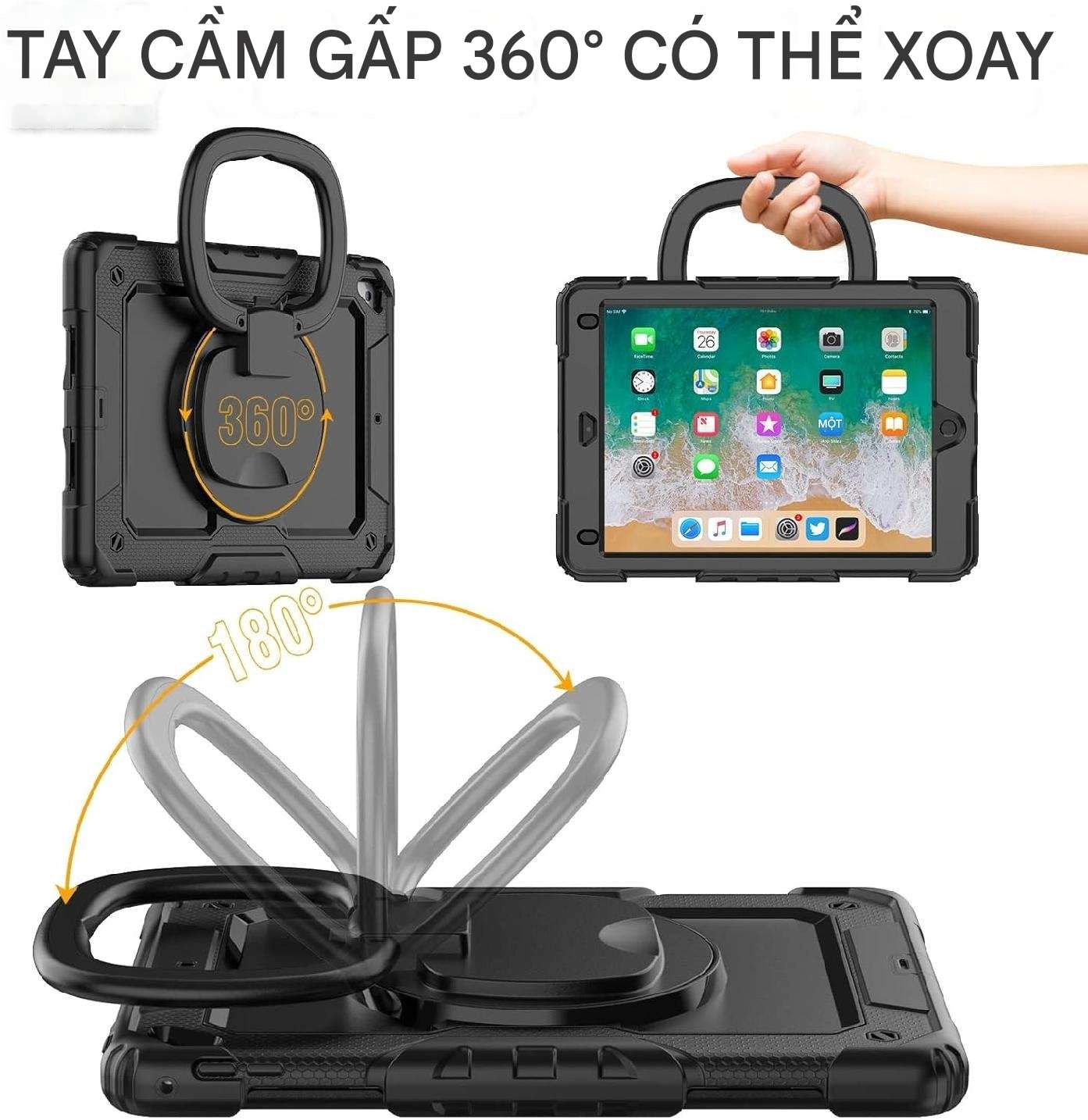 Ốp lưng chống sốc siêu bền cho iPad 9.7 2017, iPad 9.7 2018, iPad Pro 9.7, iPad Air 2 (3 lớp bảo vệ, tay cầm xoay 360 độ)