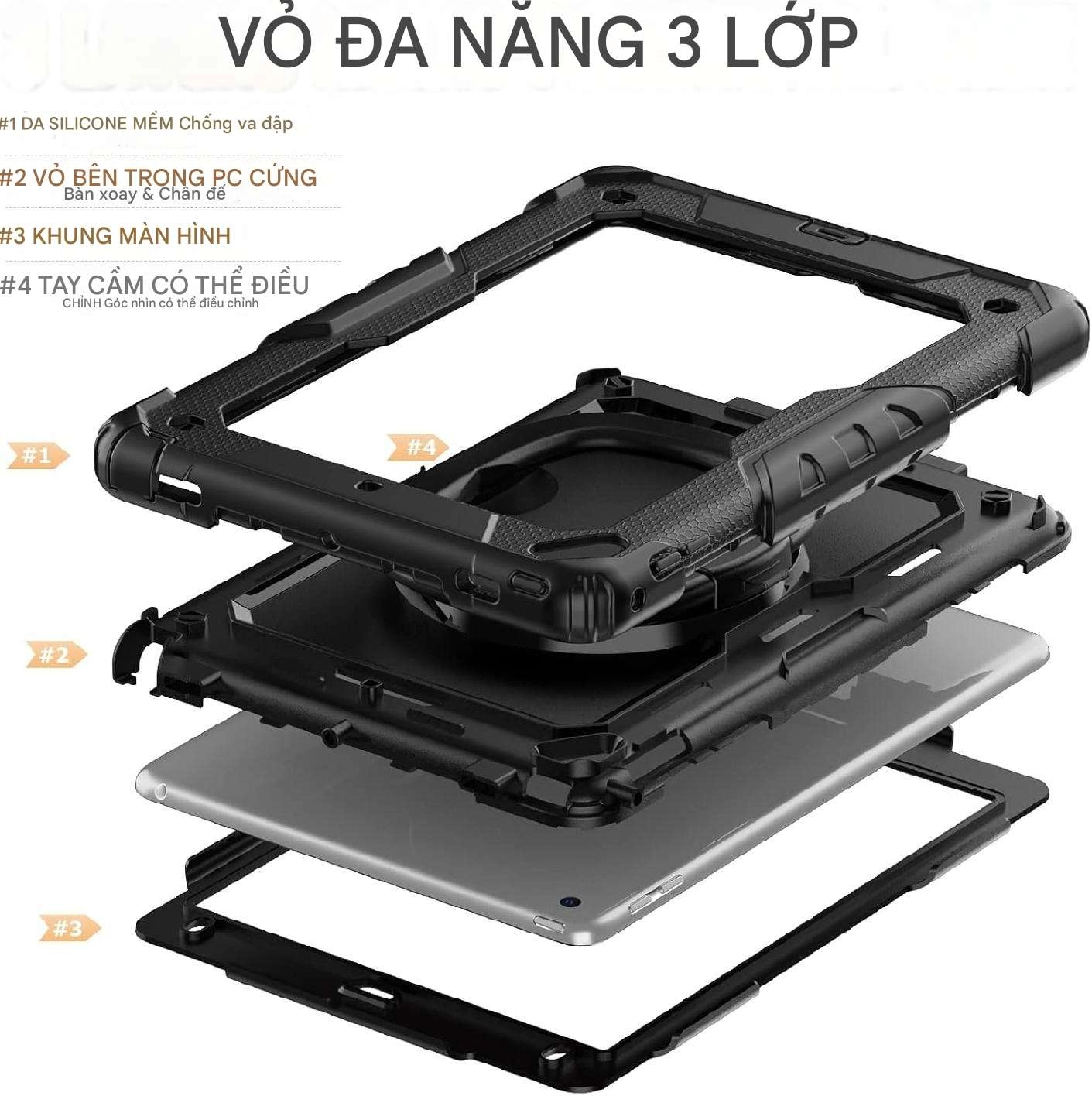 Ốp lưng chống sốc siêu bền cho iPad 9.7 2017, iPad 9.7 2018, iPad Pro 9.7, iPad Air 2 (3 lớp bảo vệ, tay cầm xoay 360 độ)