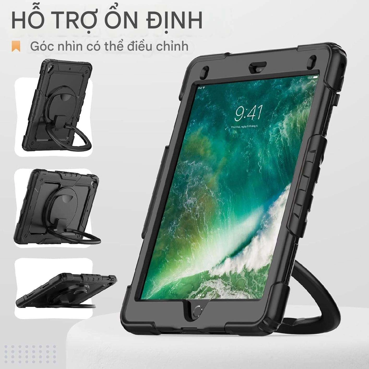 Ốp lưng chống sốc siêu bền cho iPad 9.7 2017, iPad 9.7 2018, iPad Pro 9.7, iPad Air 2 (3 lớp bảo vệ, tay cầm xoay 360 độ)