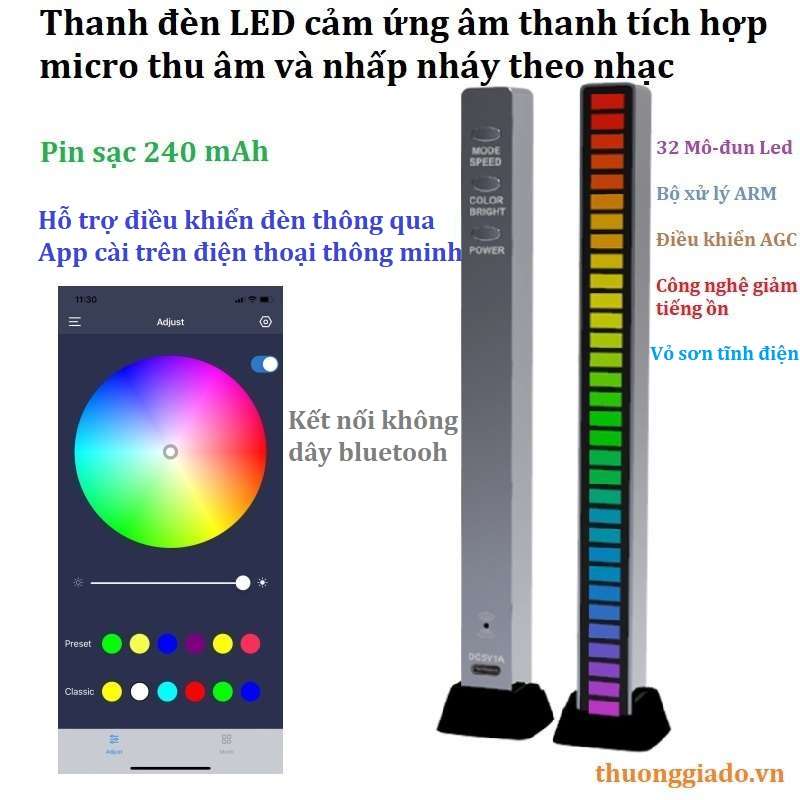 Thanh đèn led D08-RGB cảm ứng âm thanh, tích hợp micro thu âm nhấp nháy theo nhạc