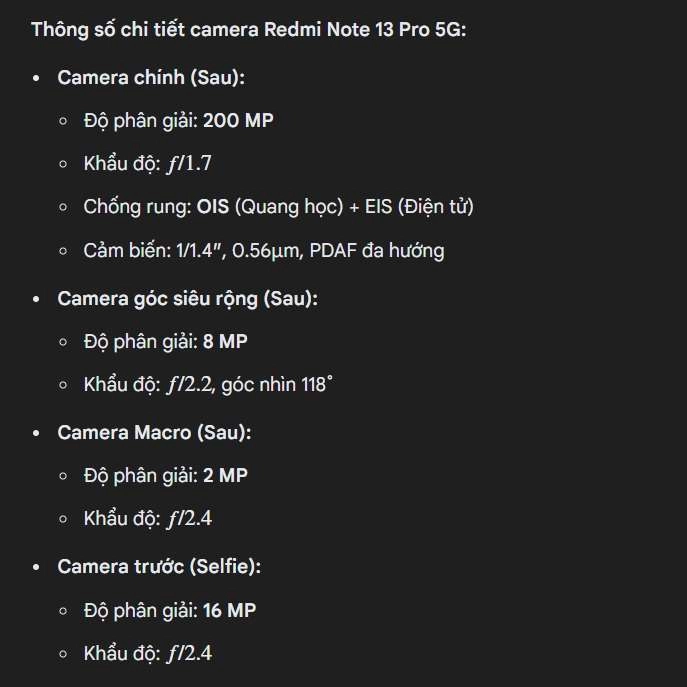 Thông số camera redmi note 13 pro 5g