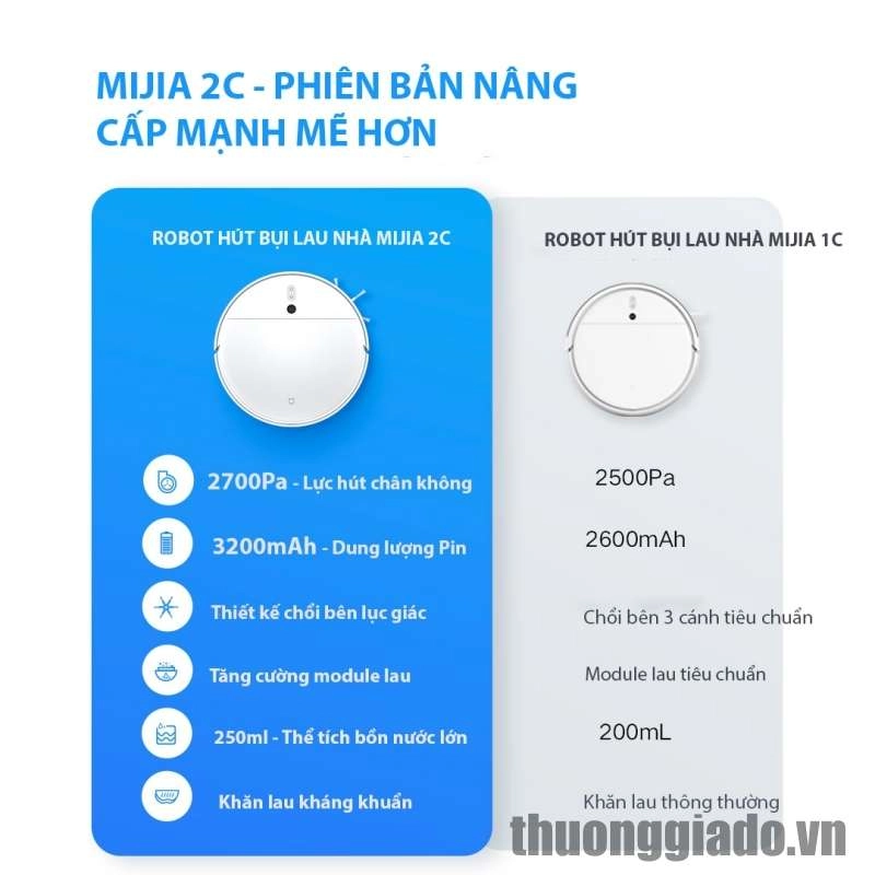 Robot hút bụi lau nhà Xiaomi Mijia 2C, công suất hút 2700Pa, 110 phút thời lượng, kết hợp làm sạch và khử trùng