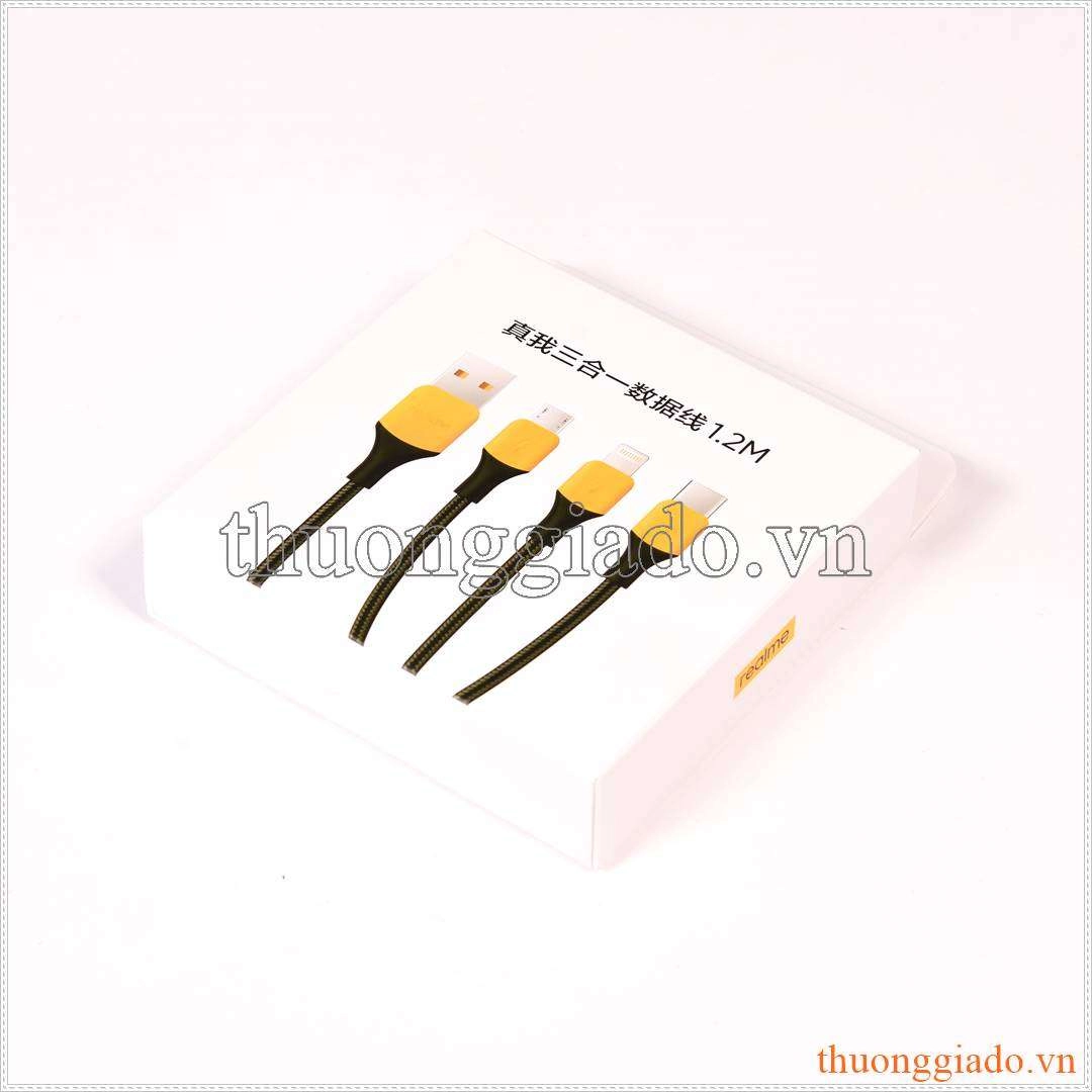 Dây sạc 3 đầu - Cáp sạc 3 đầu - Dây sạc đa năng Realme RTX214 (type C, lightning, micro usb) 1.2m 2.4A