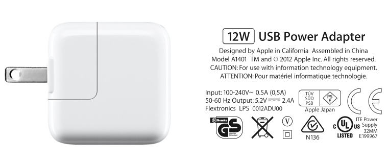 USB Power Adapter For iPad 4 iPad Air (12W, 5.2V-2.4A) Model A1401