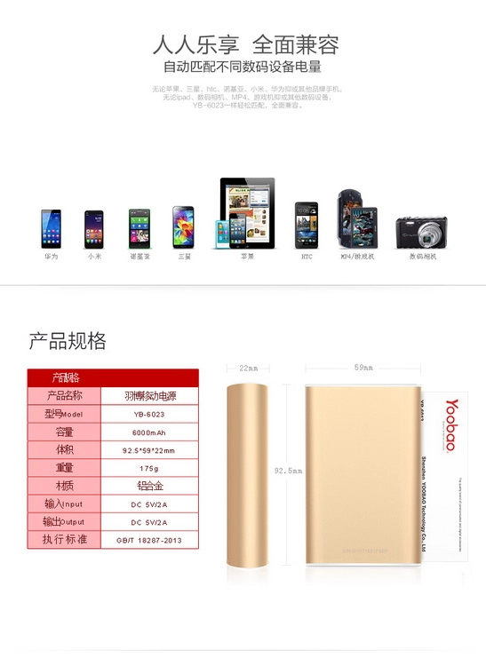 Pin Dự Trữ, Dự Phòng Yoobao 6000mAh (5V-2A) Specialist Power Bank S3 ( YB-6023 ) Chính Hãng