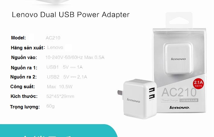 Củ sạc Lenovo AC210 (5V-2.1A), Lenovo Vibe P1i, Lenovo P2,Lenovo A5000, Lenovo A7000