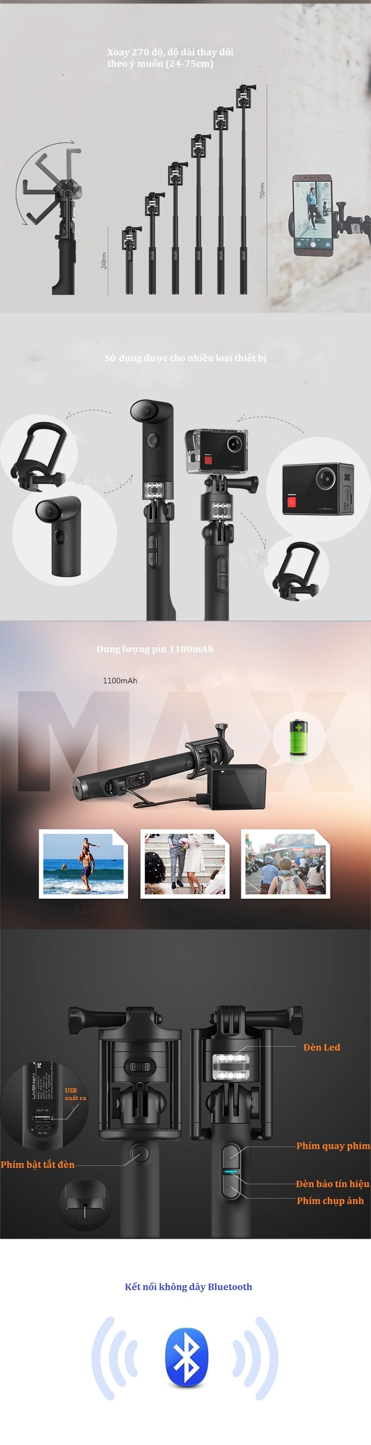 Gậy chụp ảnh tự sướng LIVEMAN S1 Selfie stick có đèn led bù sáng Gậy chụp ảnh tự sướng LIVEMAN S1 Selfie stick có đèn led bù sáng