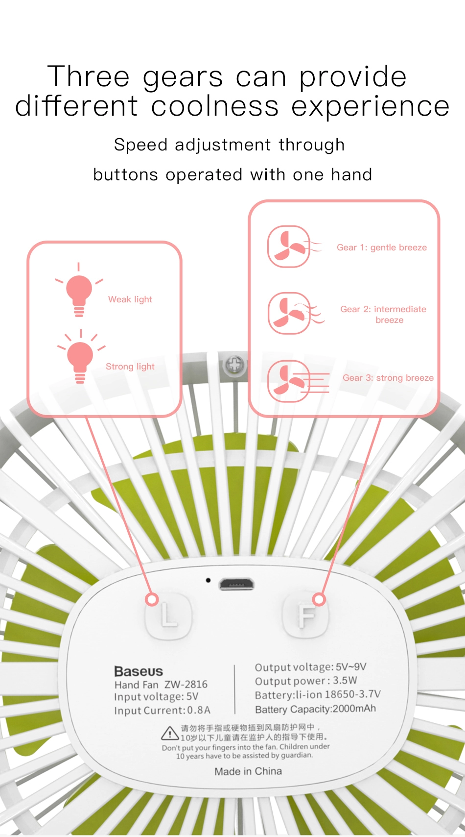 Quạt mini cao cấp dùng cho văn phòng hiệu Baseus ZW-2816 (pin 2000mAh, có đèn)