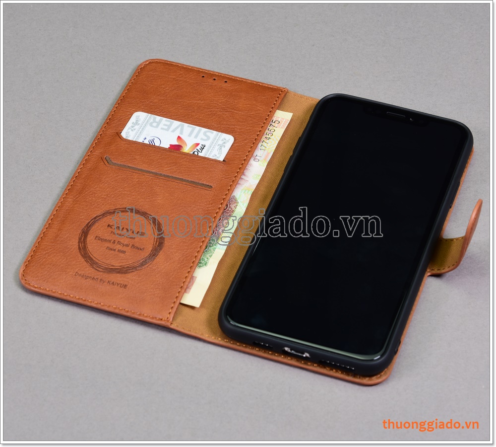 Bao da iPhone 11 Pro Max, Bao da cầm tay, chất liệu da bò, hiệu Kaiyue