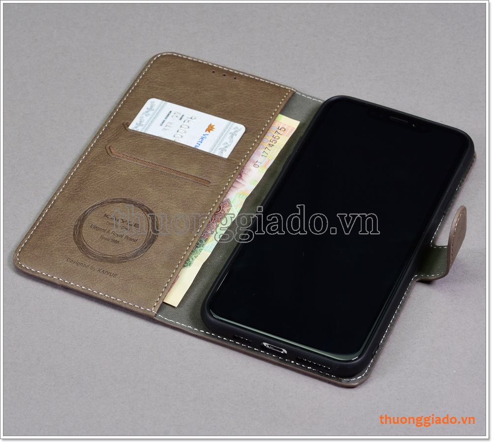 Bao da iPhone 11 Pro Max, Bao da cầm tay, chất liệu da bò, hiệu Kaiyue