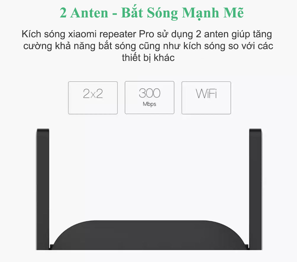 Bộ kích sóng Wifi Xiaomi Wifi Repeater Pro màu đen (2 râu - băng thông 300 Mbps)