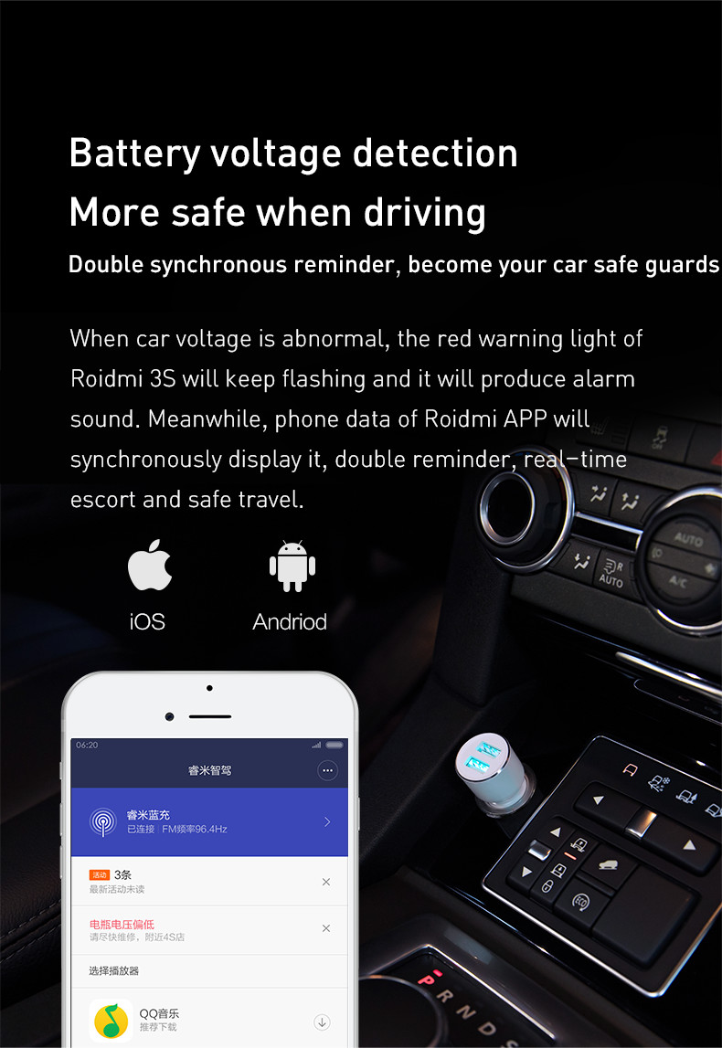 Củ sạc Xiaomi Roidmi 3s (5V-3.4A, bluetooth V4.2, tích hợp phát FM Transmitter)