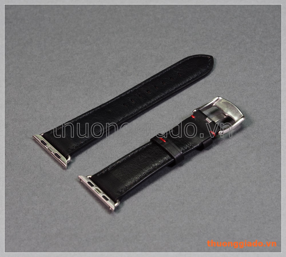 Dây đồng hồ Apple Watch 42mm (dây da bò, màu đen, chỉ viền màu đỏ)
