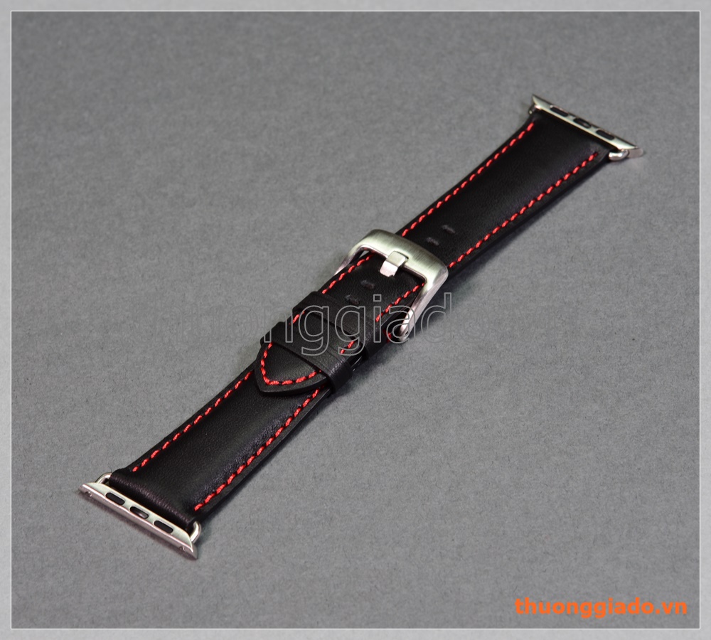 Dây đồng hồ Apple Watch 42mm (dây da bò, màu đen, chỉ viền màu đỏ)