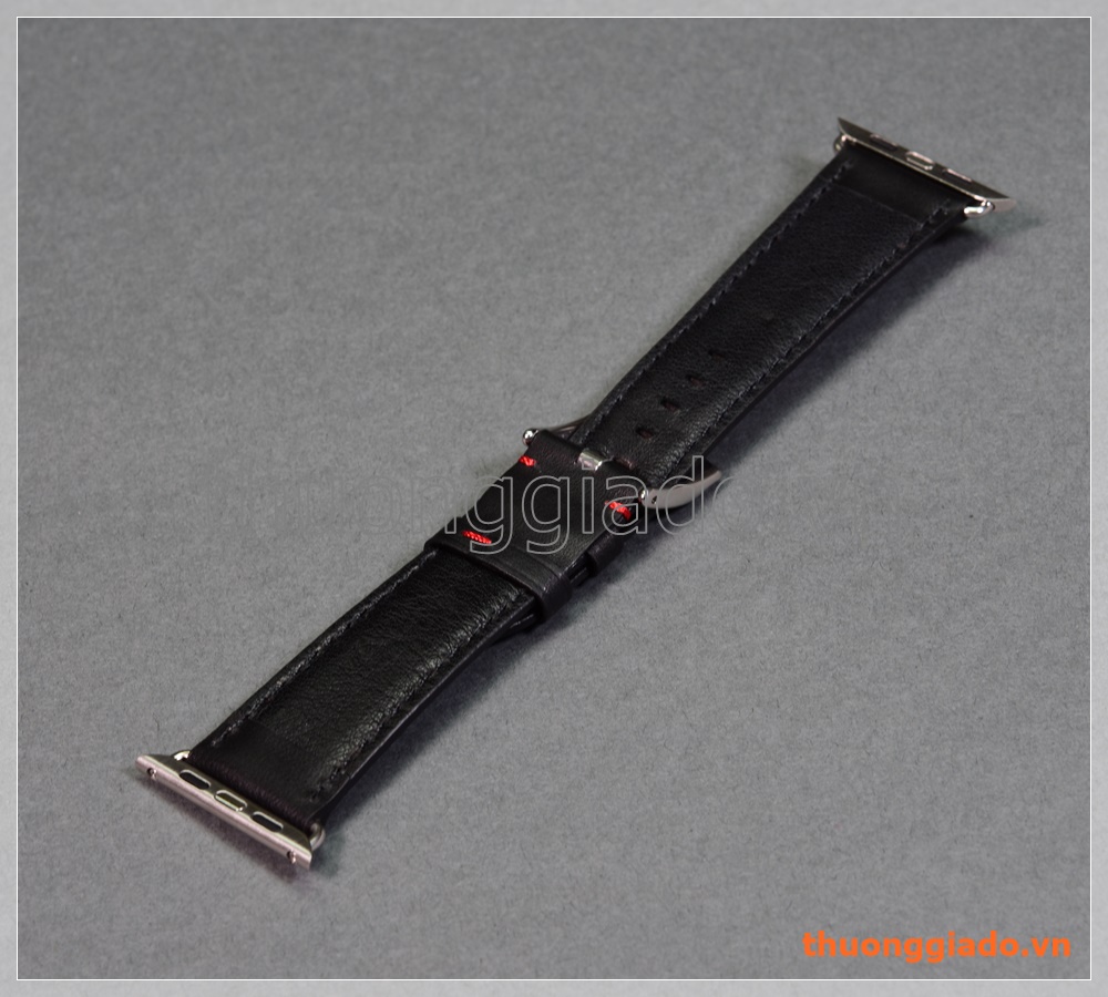 Dây đồng hồ Apple Watch 42mm (dây da bò, màu đen, chỉ viền màu đỏ)