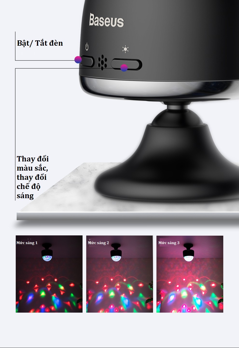 Đèn Led Baseus tích điện ánh sáng thay đổi theo tiếng nhạc,vũ trường trên ô tô