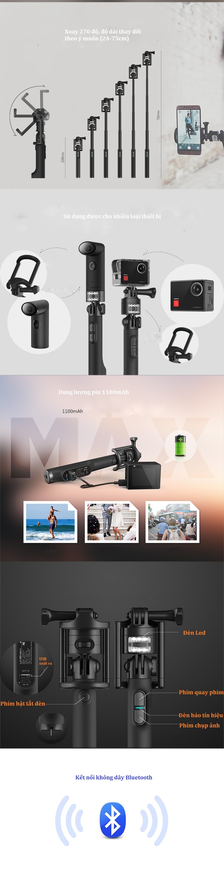 Gậy chụp ảnh tự sướng LIVEMAN S1 Selfie stick có đèn led bù sáng