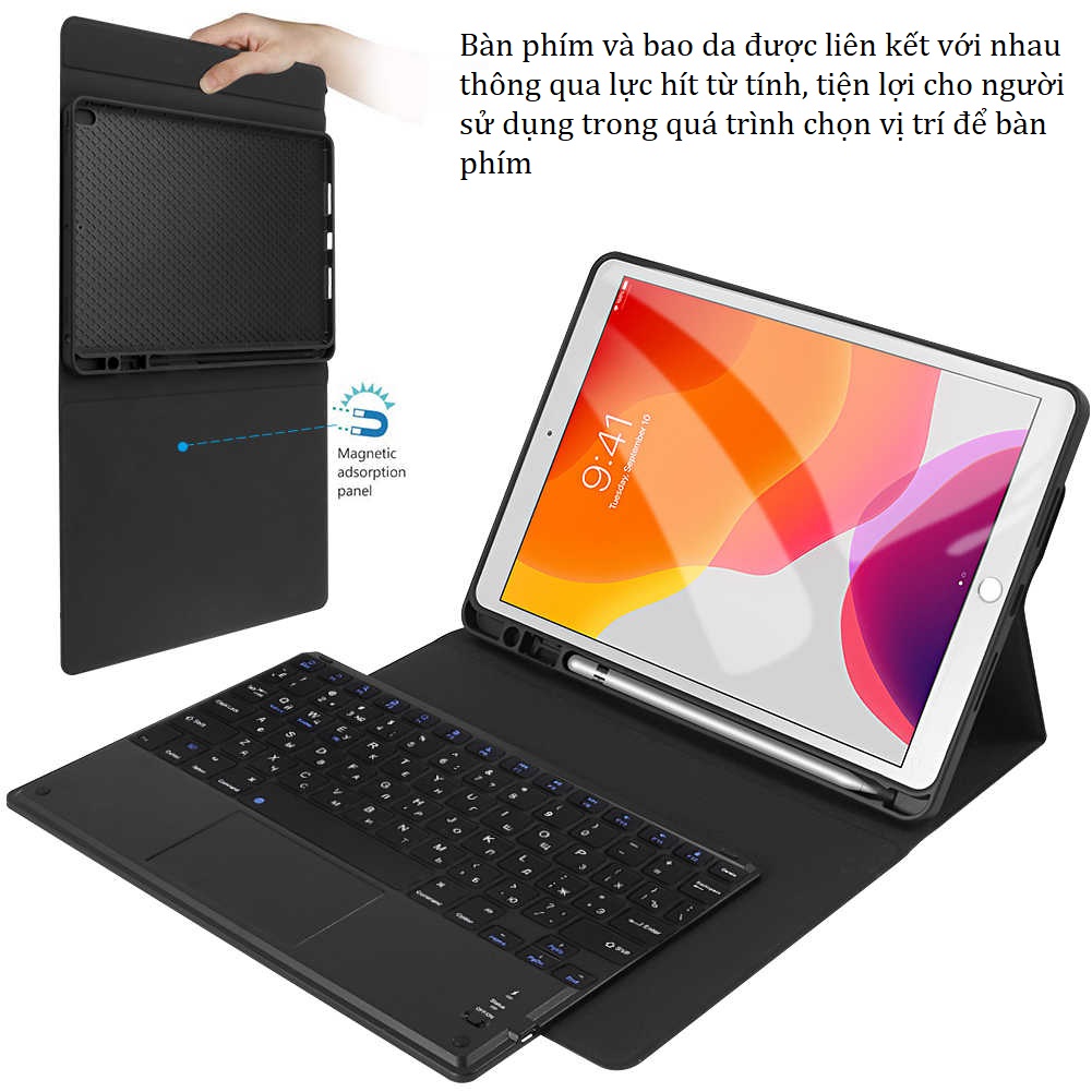 Bàn phím bluetooth cho iPad 10.2" 2019 (có touchpad), kèm bao da cầm tay