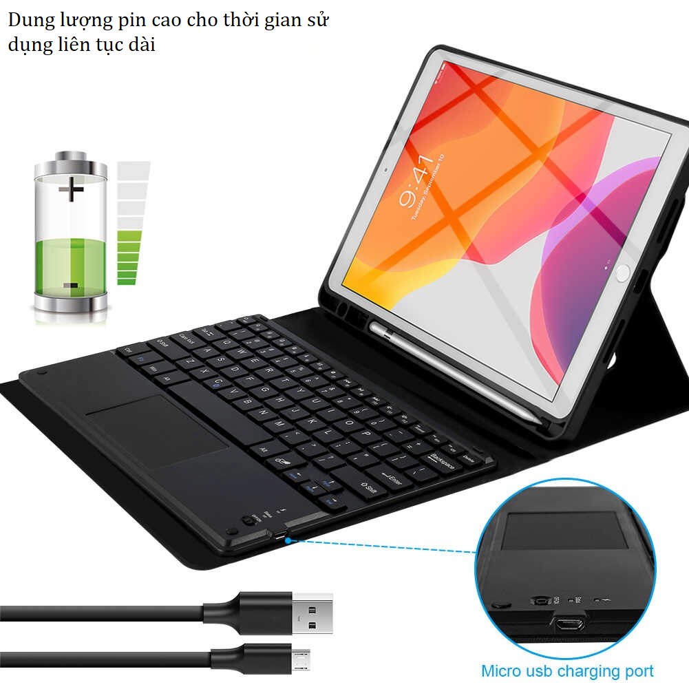 Bàn phím bluetooth cho iPad 10.2" 2019 (có touchpad), kèm bao da cầm tay