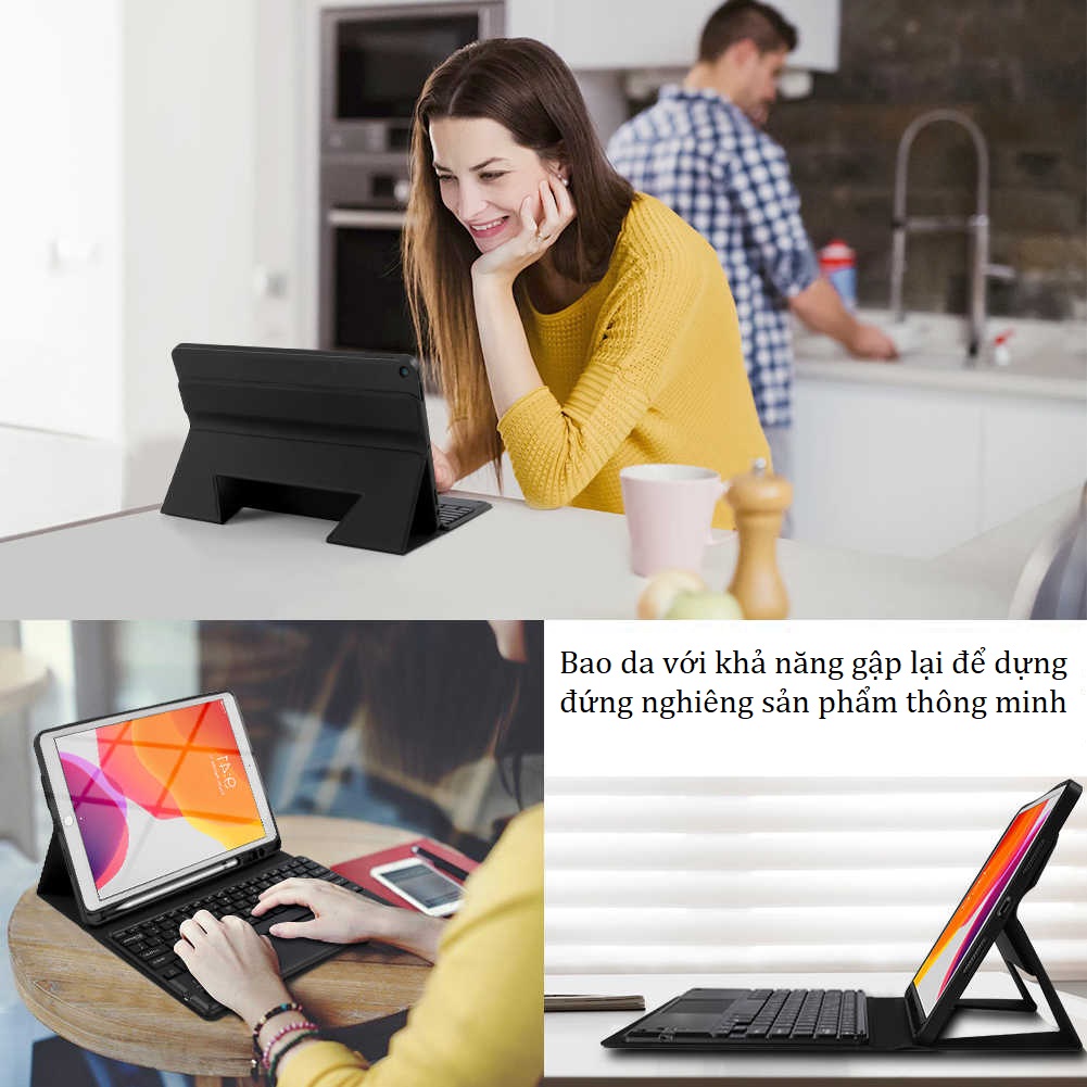 Bàn phím bluetooth cho iPad 10.2" 2019 (có touchpad), kèm bao da cầm tay