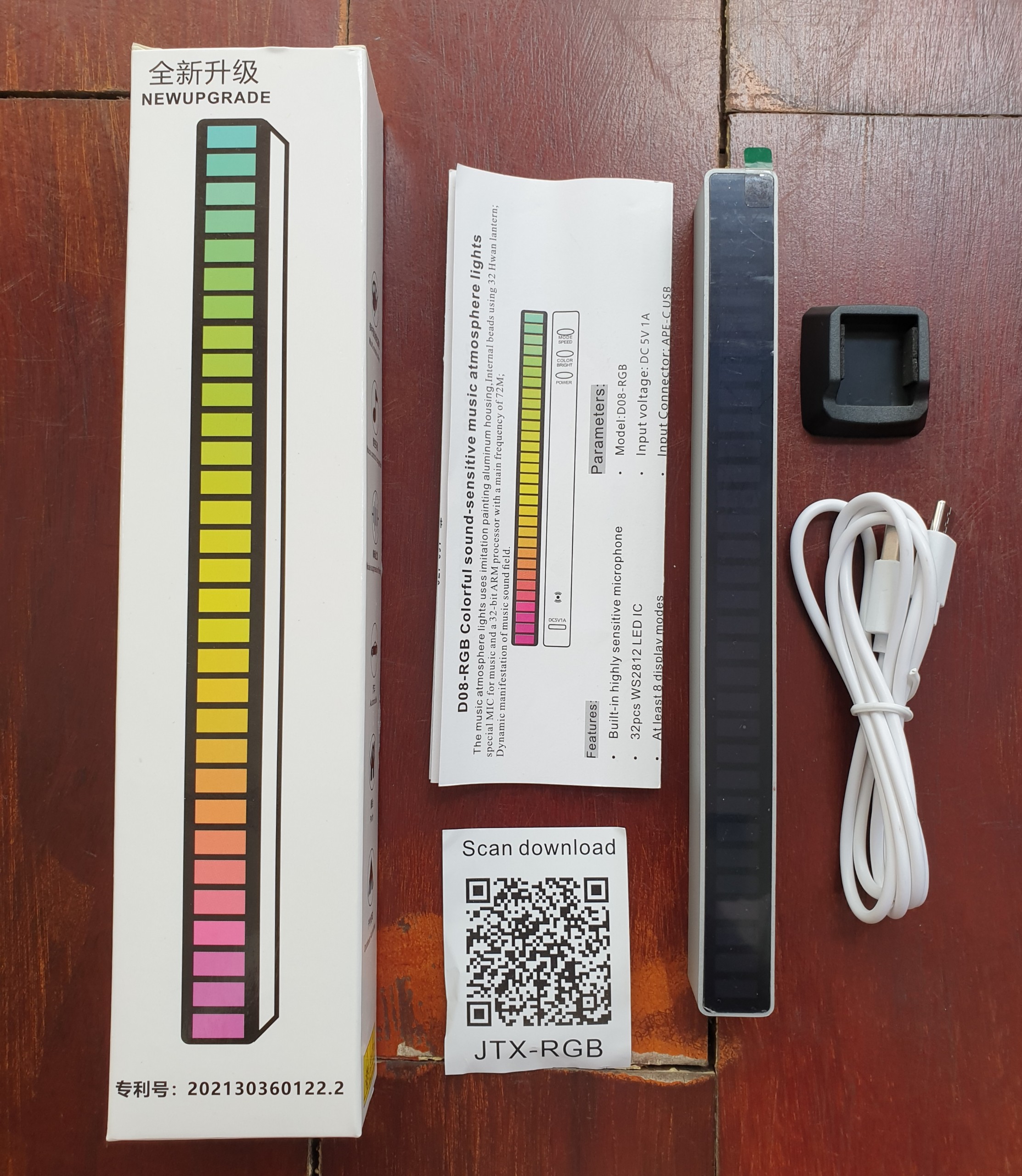Thanh đèn led D08-RGB cảm ứng âm thanh, tích hợp micro thu âm nhấp nháy theo nhạc